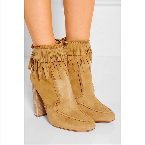 Aquazzura Tan Tiger Lilly Suede Fringe Booties 38 NEW - Picture 10 of 10